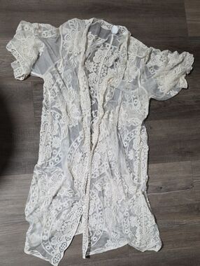 🏖Sheer Ivory Lace Swim Coverup Kimono 70% Cotton🏖 Ptp 26